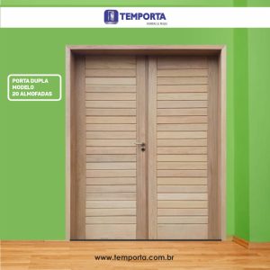 Porta dupla de madeira modelo 20 almofadas da Temporta, com acabamento natural, design moderno com frisos horizontais, ideal para ambientes internos residenciais, destacando elegância, durabilidade e estilo contemporâneo.